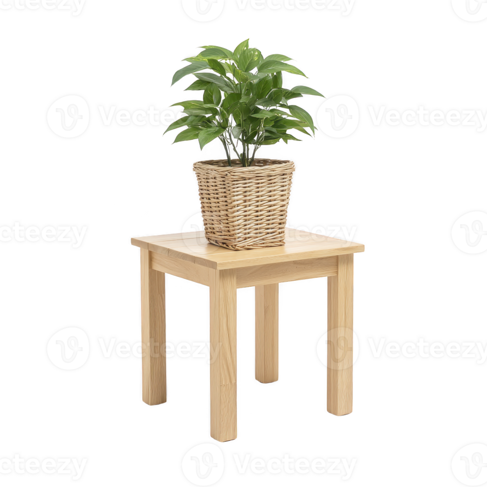 Potted green plant in woven basket sits on simple wooden table, creating natural and minimalist decor. plant vibrant leaves add touch of freshness to setting png
