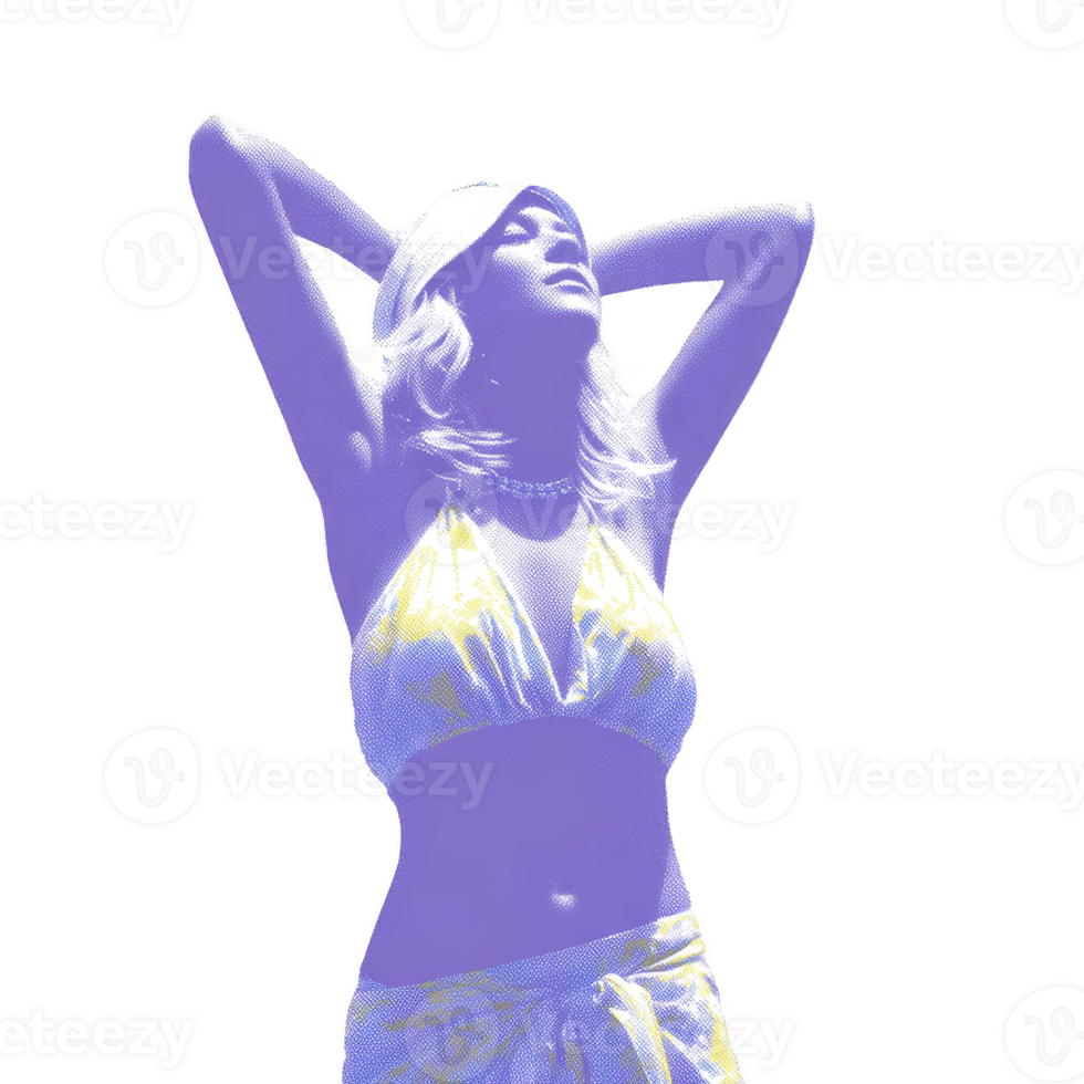 Woman vibrant, artistic style poses confidently with her arms raised, wearing bikini and sarong. image features unique color palette with purple and yellow tones, creating striking visual effect png