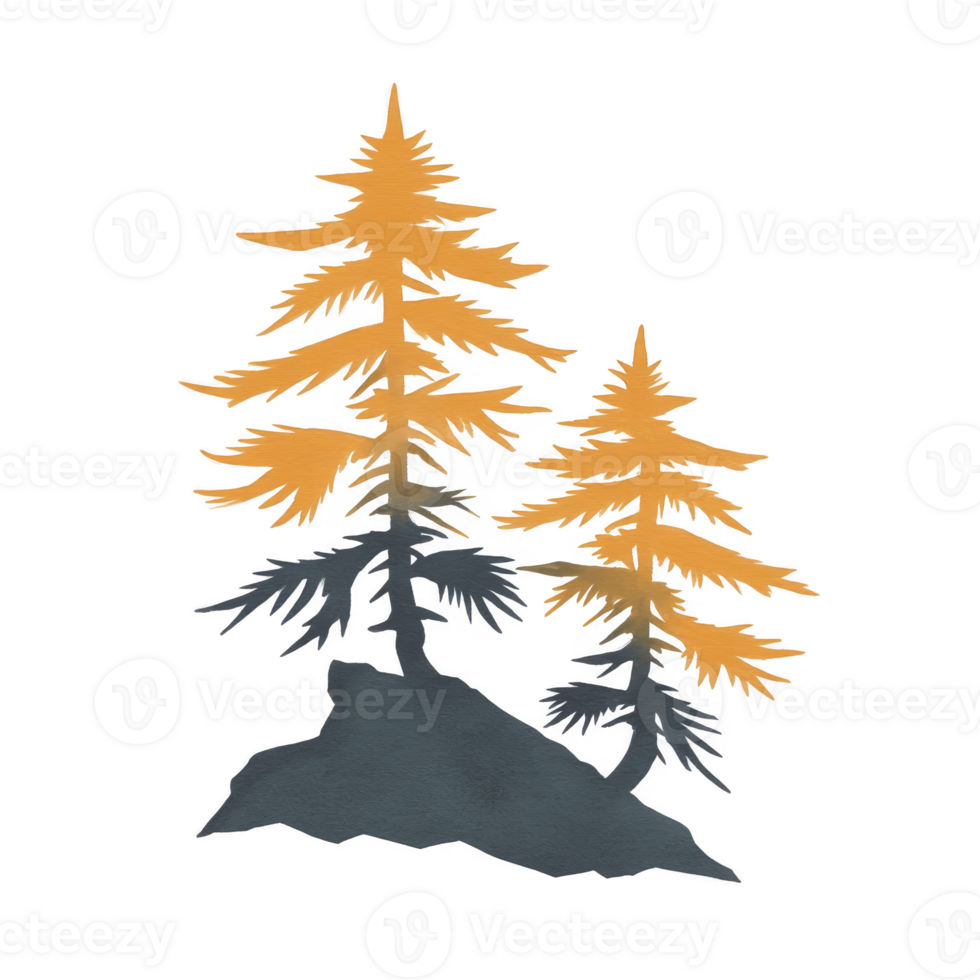 Two stylized pine trees with orange and gray hues stand on rocky base, creating serene and artistic nature scene. illustration captures peaceful, natural atmosphere png