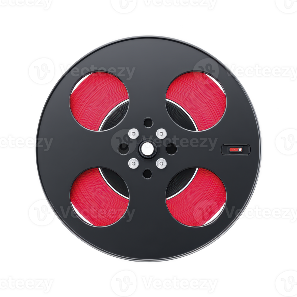 Large black film reel with vibrant red tape is displayed against transparency background, showcasing classic and bold design png
