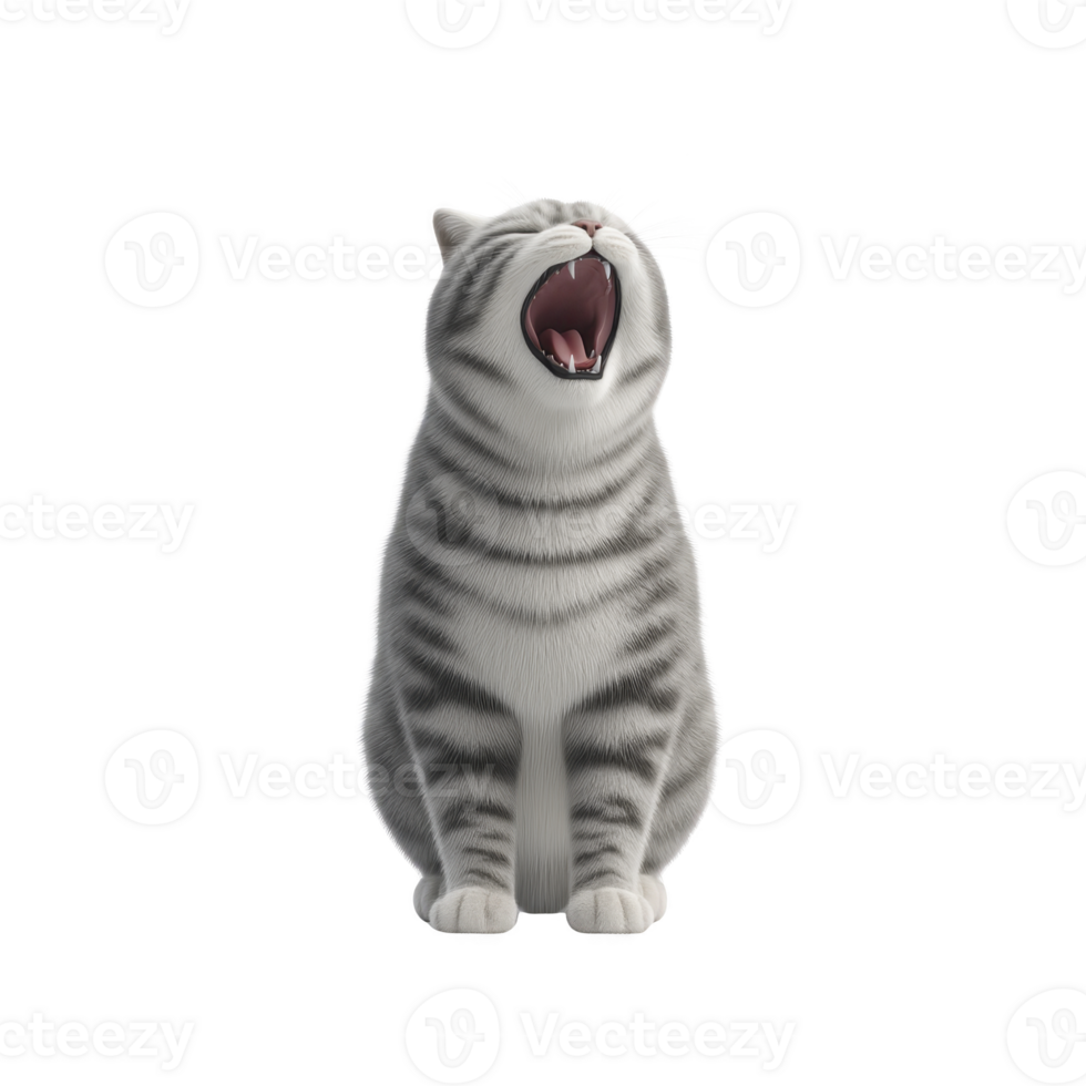 Yawning gray tabby cat with closed eyes sits contentedly, showcasing its striped fur pattern and relaxed posture against plain background png