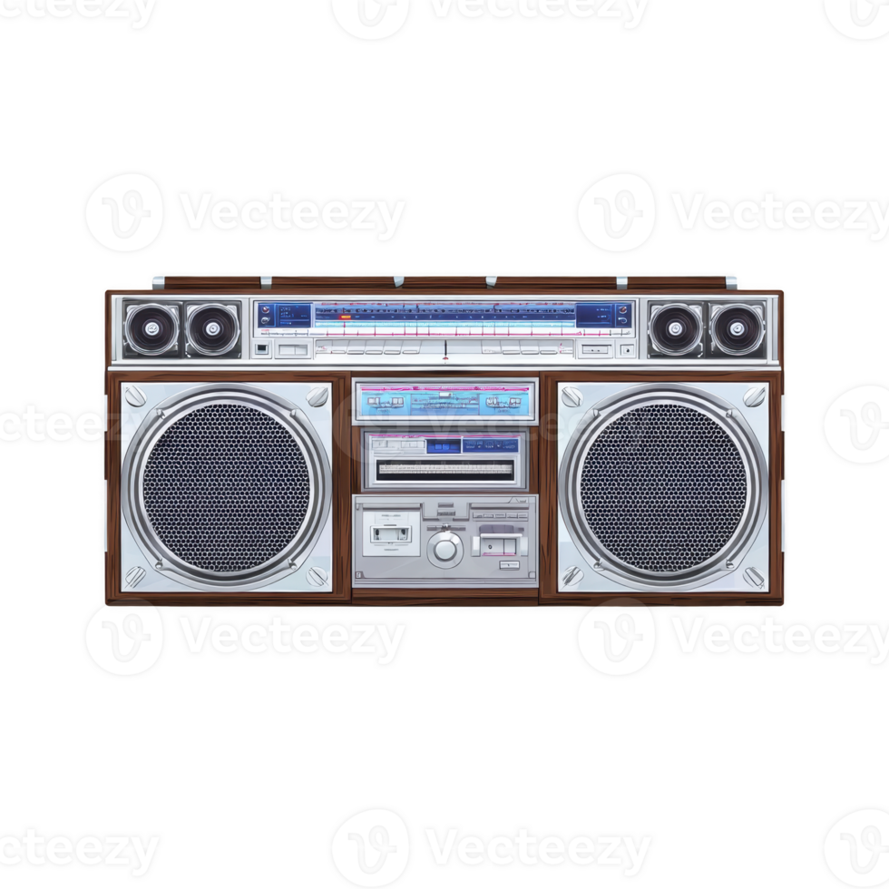 Vintage boombox with large speakers, cassette player, and radio tuner, showcasing retro design and nostalgic appeal. classic audio equipment evokes memories of 1980s music scene png