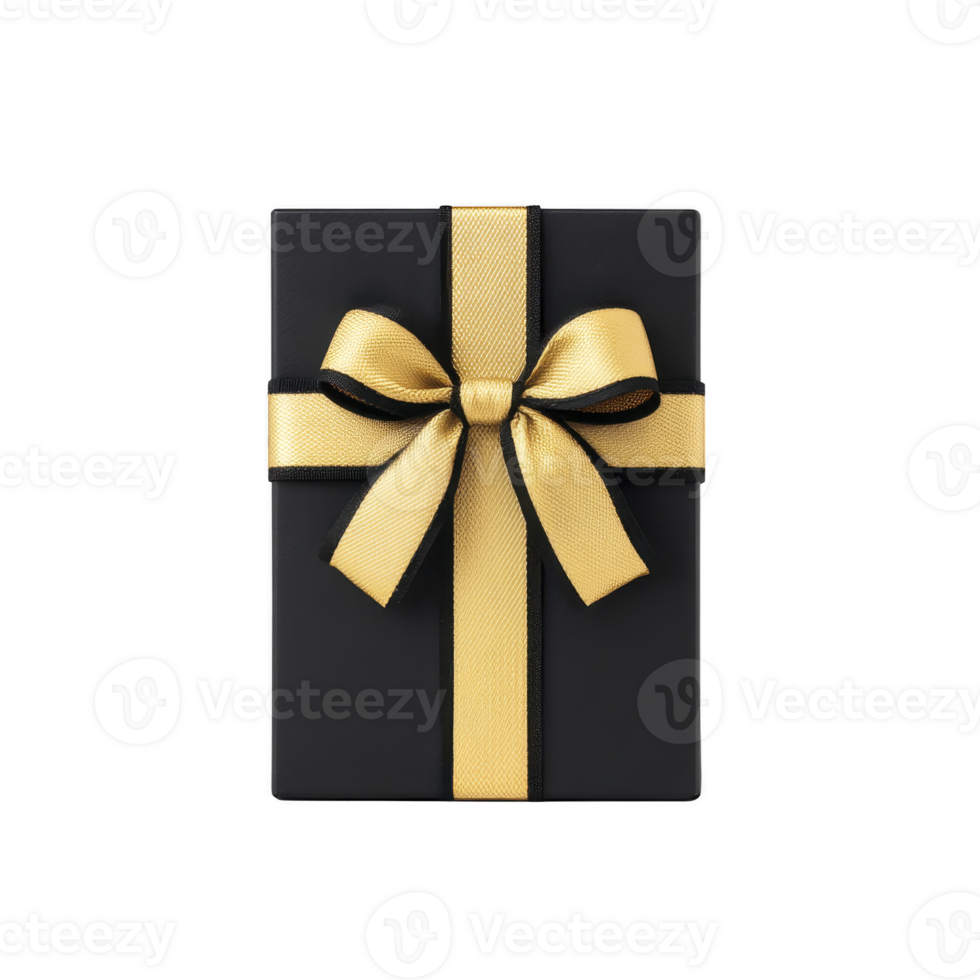 Black gift box adorned with luxurious gold ribbon and bow, perfect for special occasions and celebrations. elegant contrast of colors adds touch of sophistication and excitement png