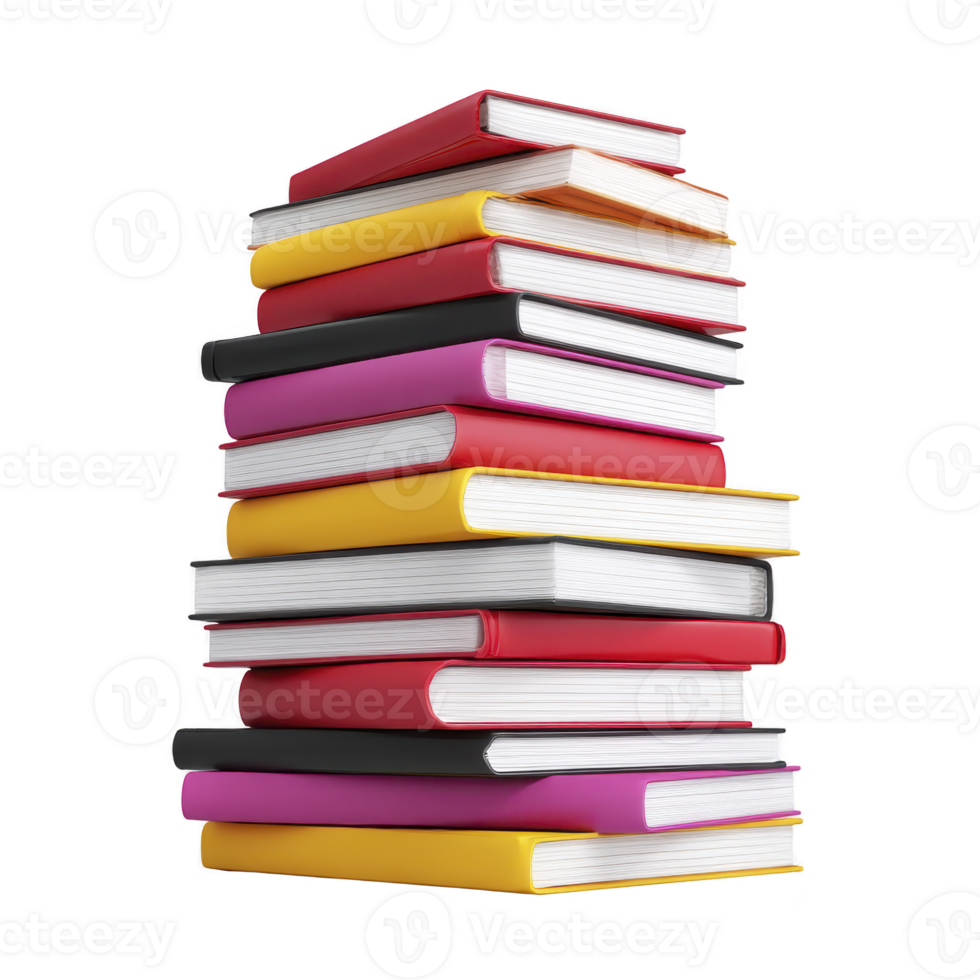 Tall stack of colorful hardcover books is arranged in neat pile, showcasing variety of vibrant covers. books are stacked vertically, creating eye catching display of literature png