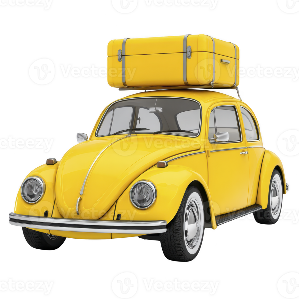 Classic yellow car with vintage design is shown with large suitcase on its roof, ready for road trip. cheerful color and retro style evoke sense of adventure png