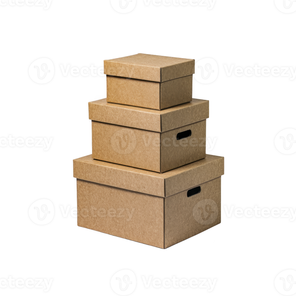 Three stacked cardboard boxes of varying sizes with lids, featuring simple and practical design, ideal for storage or moving purposes. boxes have natural brown color and textured surface png