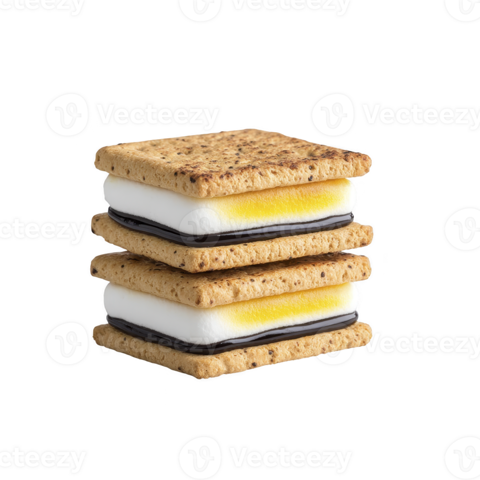 Delicious stack of two smores with toasted marshmallows and chocolate between graham crackers, creating classic campfire treat. marshmallows are perfectly golden and inviting png
