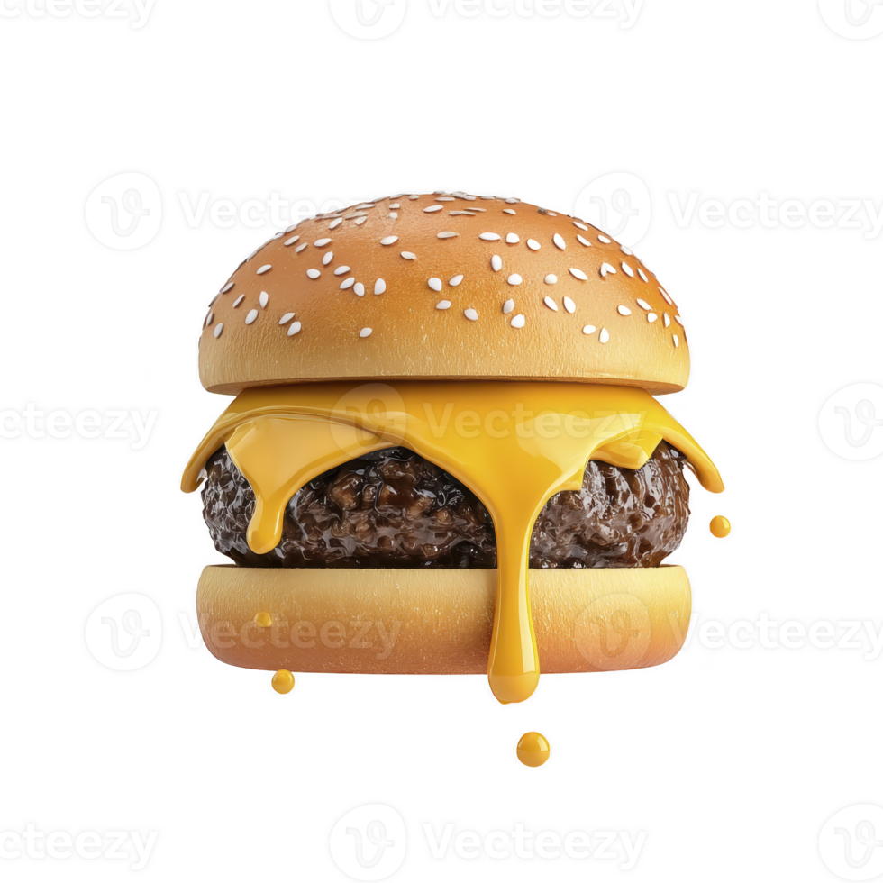 Juicy cheeseburger with sesame seed bun and melted cheese dripping over beef patty, creating mouthwatering and appetizing appearance png