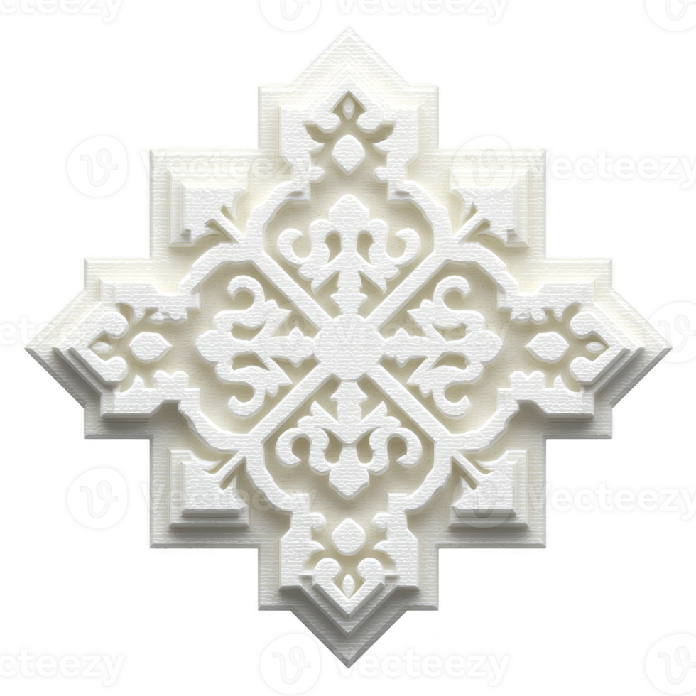 Ornate white geometric design with intricate patterns and symmetrical shapes, resembling decorative tile or emblem. design features layered textures and central motif, creating sense of depth png
