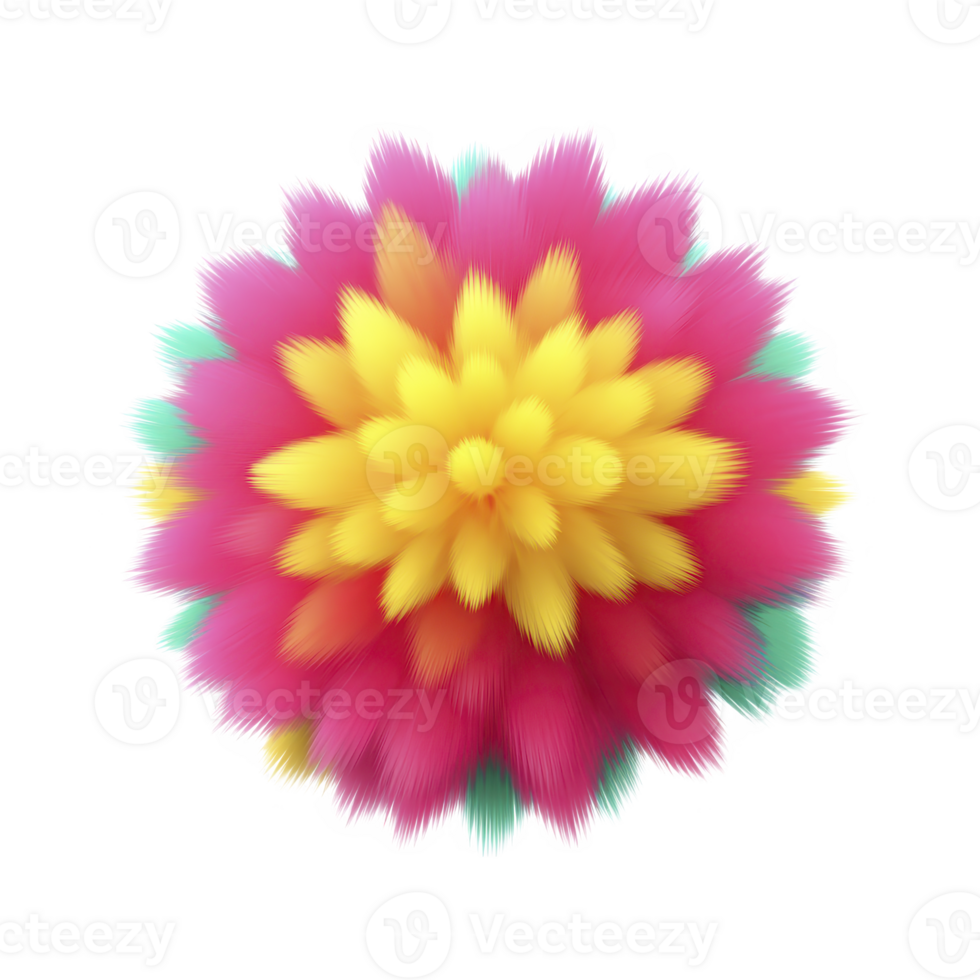 Vibrant, abstract 3D flower with soft, fluffy petals in pink, yellow, and hints of teal, creating dynamic and colorful visual effect png