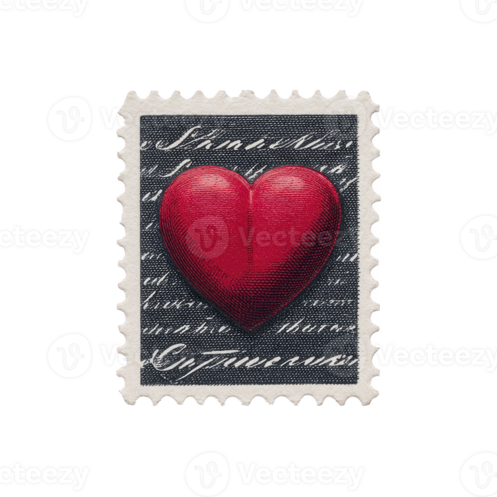 Red heart shaped stamp with textured design is set against transparency background with cursive writing, symbolizing love and affection. stamp perforated edges add classic touch png