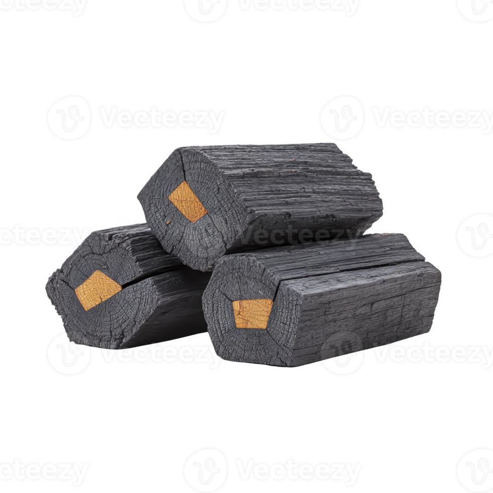 Charcoal logs with hexagonal shape are stacked, showcasing their textured surface and central hole. These eco friendly briquettes are ideal for grilling and barbecuing, offering efficient burning png