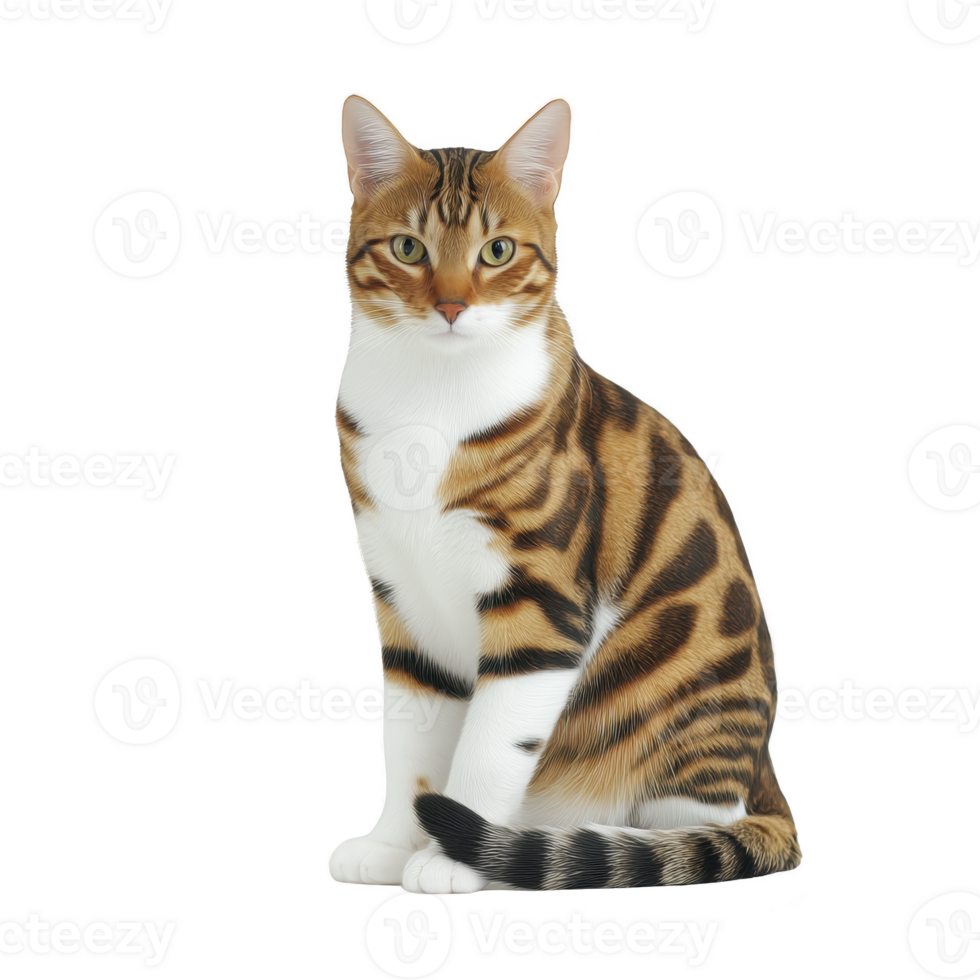 Bengal cat with striking brown and black markings sits gracefully, showcasing its sleek fur and alert expression. cat green eyes and distinctive pattern highlight its exotic appearance png