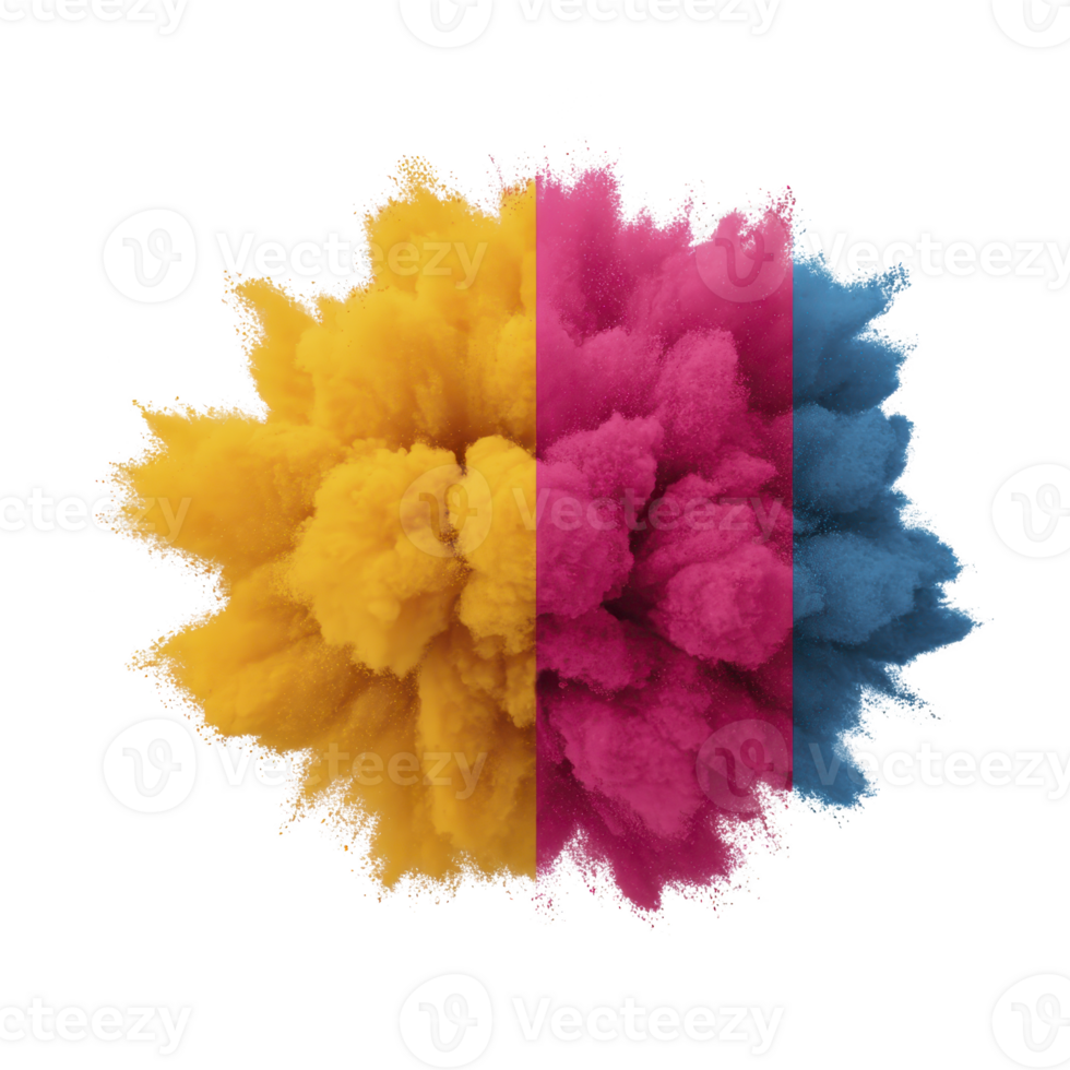 Vibrant explosion of colored powder, featuring yellow, magenta, and cyan hues, creates dynamic and energetic visual. colors blend seamlessly, forming striking contrast png