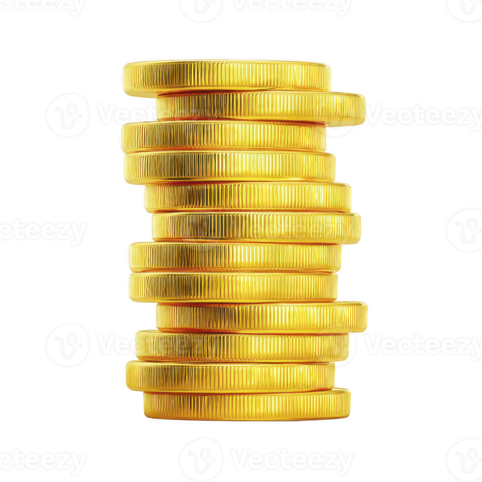 Stack of shiny gold coins is neatly arranged, symbolizing wealth and prosperity. coins are perfectly aligned, showcasing their smooth, reflective surfaces and intricate details png
