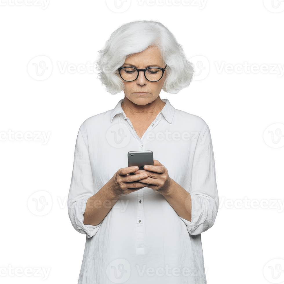 Elderly woman with white hair and glasses using smartphone, wearing white shirt, isolated on transparency background. She appears focused and engaged with device png