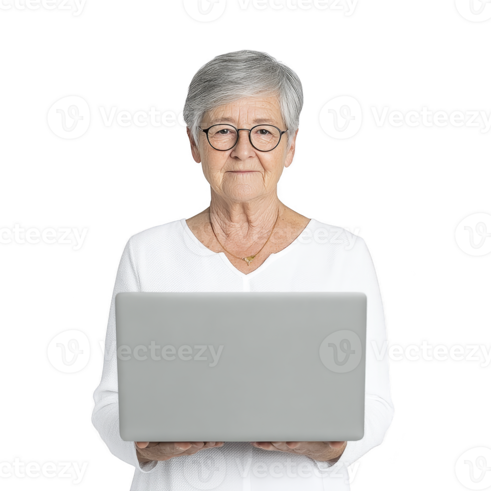 Elderly woman with short gray hair and glasses holding laptop, wearing white sweater, isolated on transparency background. She appears focused and engaged png