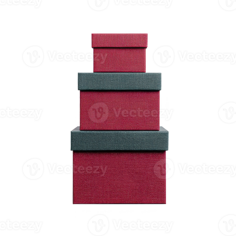 Three stacked red and gray gift boxes create festive and elegant display, perfect for celebrations or special occasions. textured surface adds touch of sophistication png