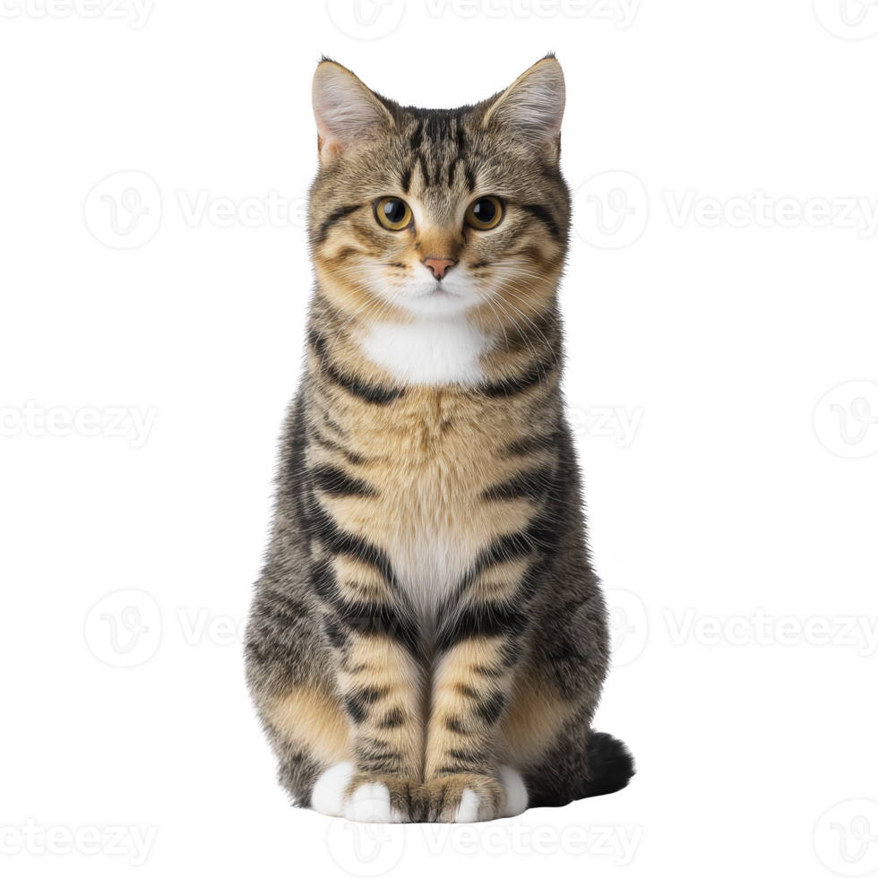Tabby cat with striking stripes sits attentively, showcasing its fluffy fur and bright eyes. cat posture is upright, exuding sense of curiosity and calmness png