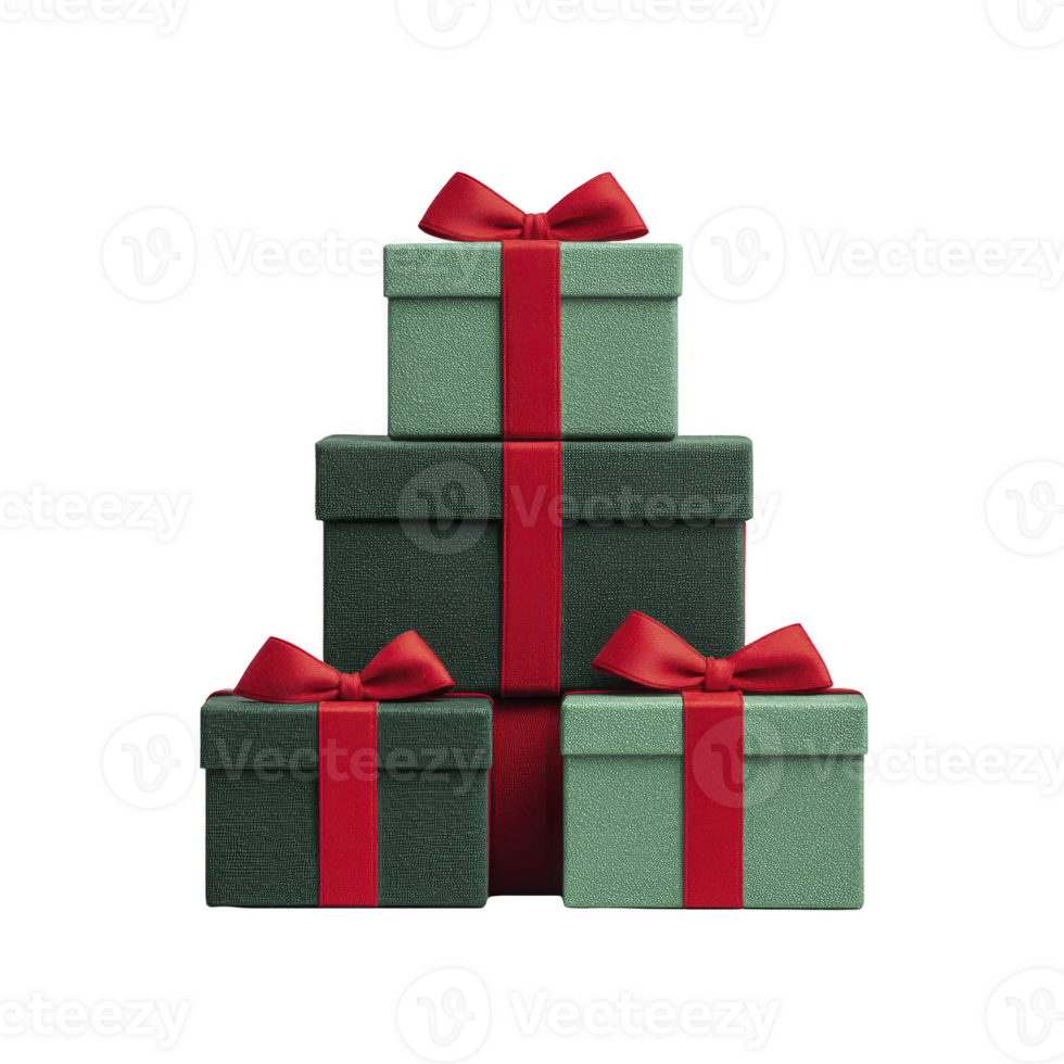 Three green gift boxes with red ribbons are stacked, creating festive and elegant display. boxes vary in size, adding sense of balance and charm, perfect for holiday celebrations png
