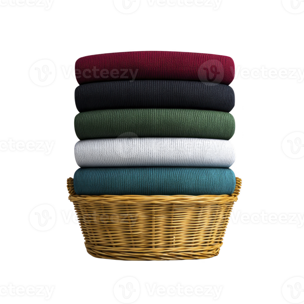 Stack of colorful folded sweaters in wicker basket, featuring red, black, white, green, and blue hues, isolated on transparency background png