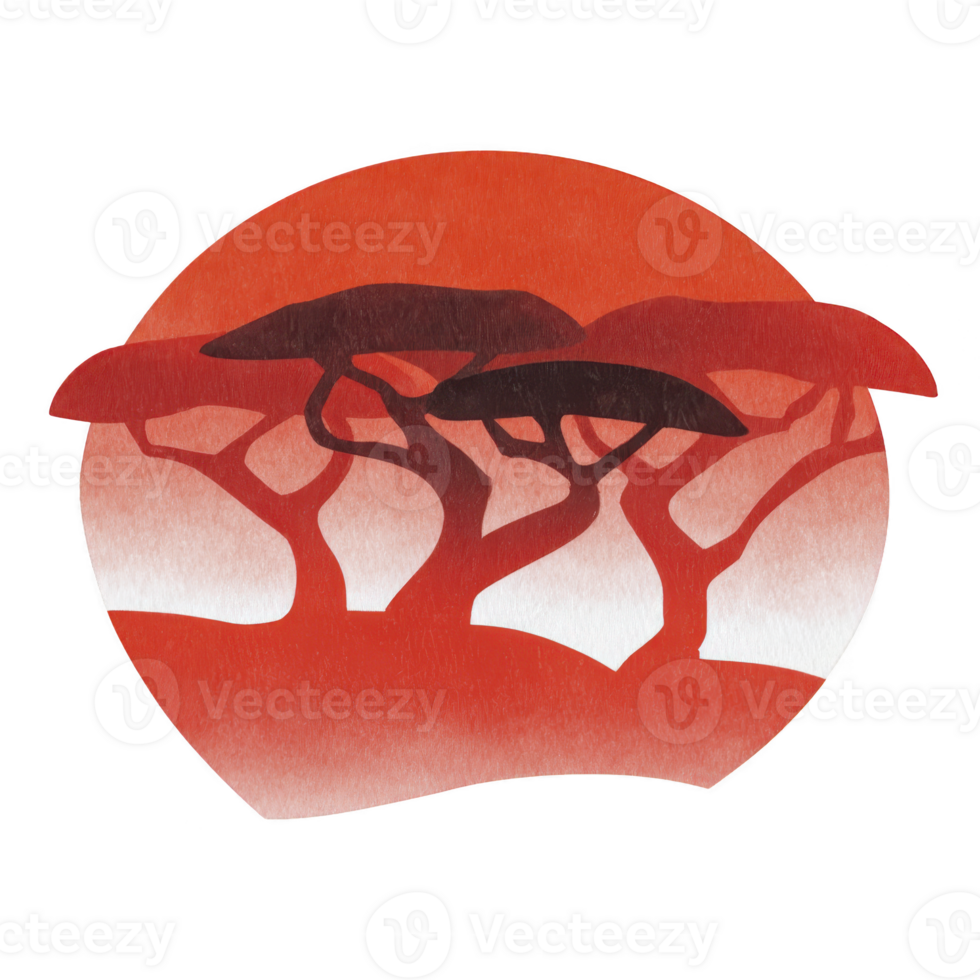 Silhouetted acacia trees against vibrant red sunset create striking African landscape. bold colors and simple shapes evoke sense of tranquility and natural beauty png