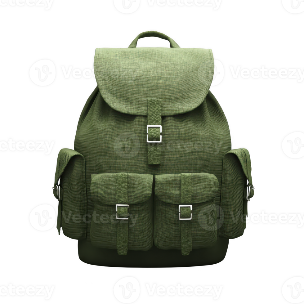 Green canvas backpack with multiple pockets and silver buckles, ideal for outdoor adventures and travel. sturdy design and spacious compartments offer practicality and style png