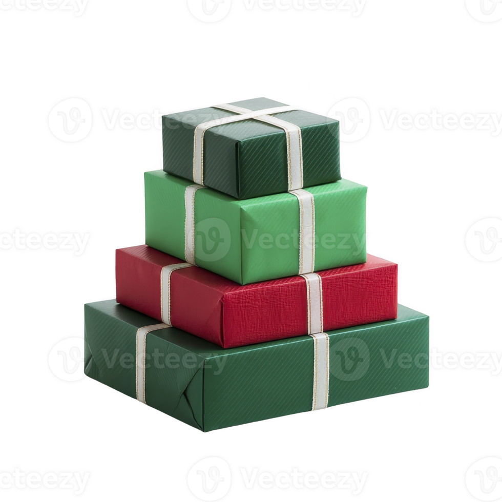 Stacked green and red gift boxes with white ribbons create festive and cheerful holiday atmosphere. Perfect for Christmas celebrations and gift giving occasions png
