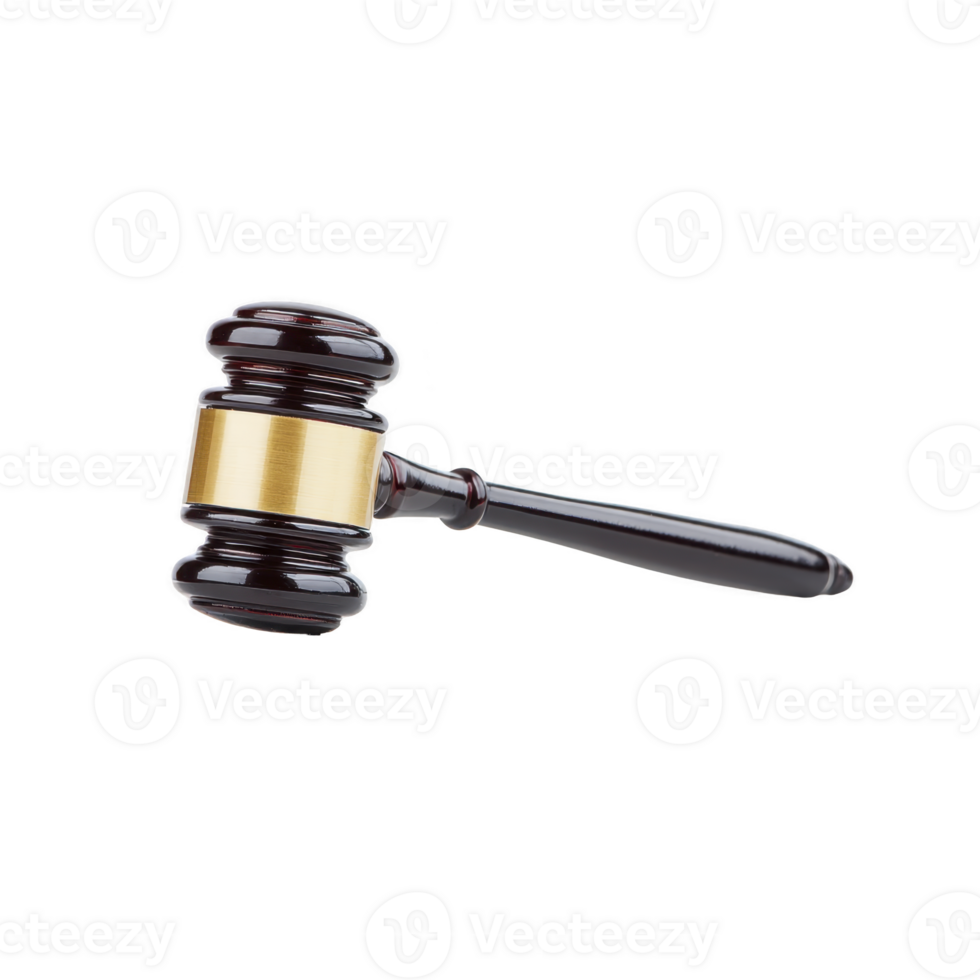 Wooden gavel with gold band is isolated on transparency background, symbolizing justice and authority. polished finish and classic design evoke sense of tradition and formality png