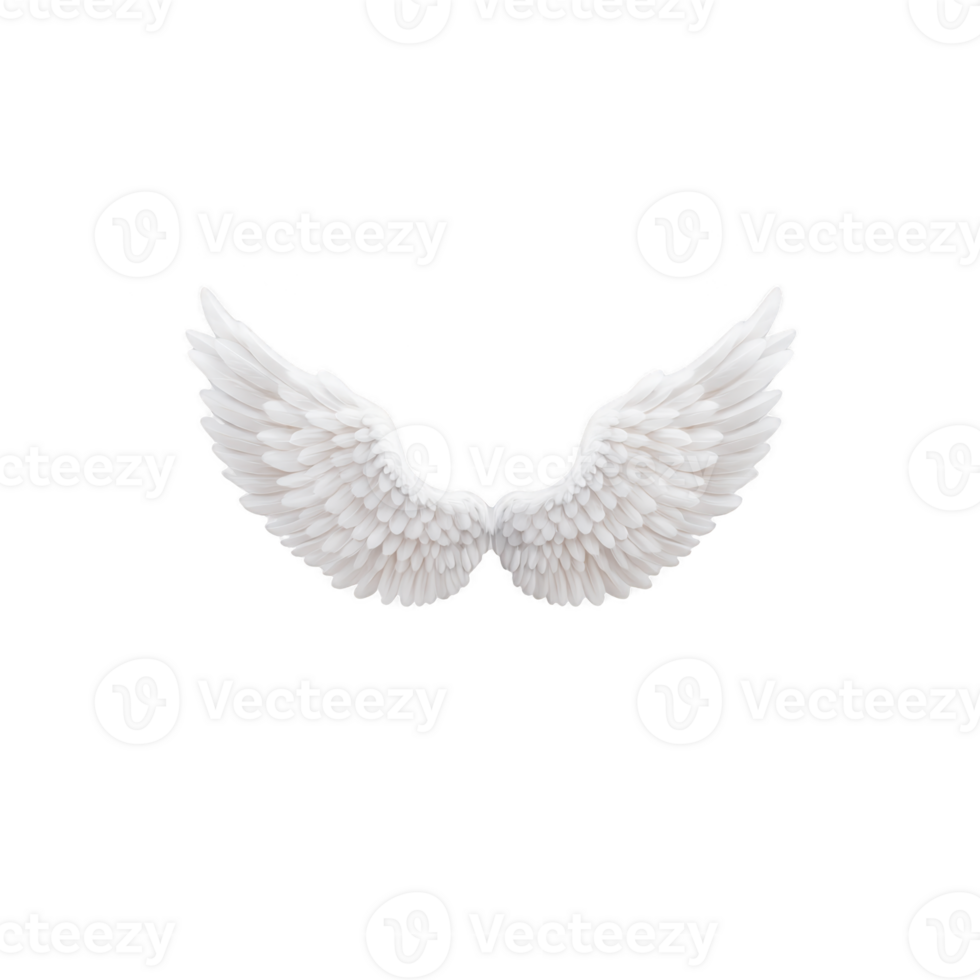 White angel wings with detailed feathers on transparency background, symbolizing purity and freedom. wings are symmetrical and spread wide, creating sense of grace and elegance png