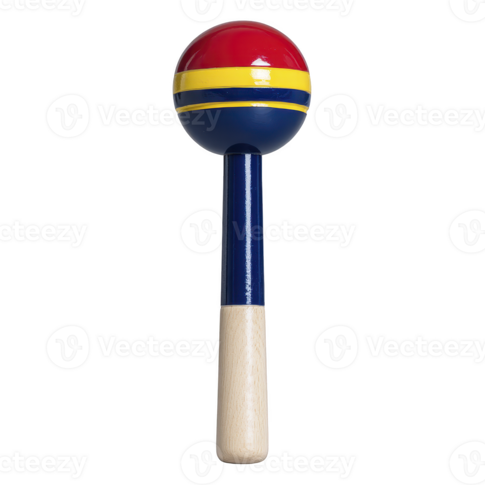 Colorful wooden maraca with red, yellow, and blue design, featuring smooth handle. This percussion instrument is often used in Latin music to create rhythmic sounds png