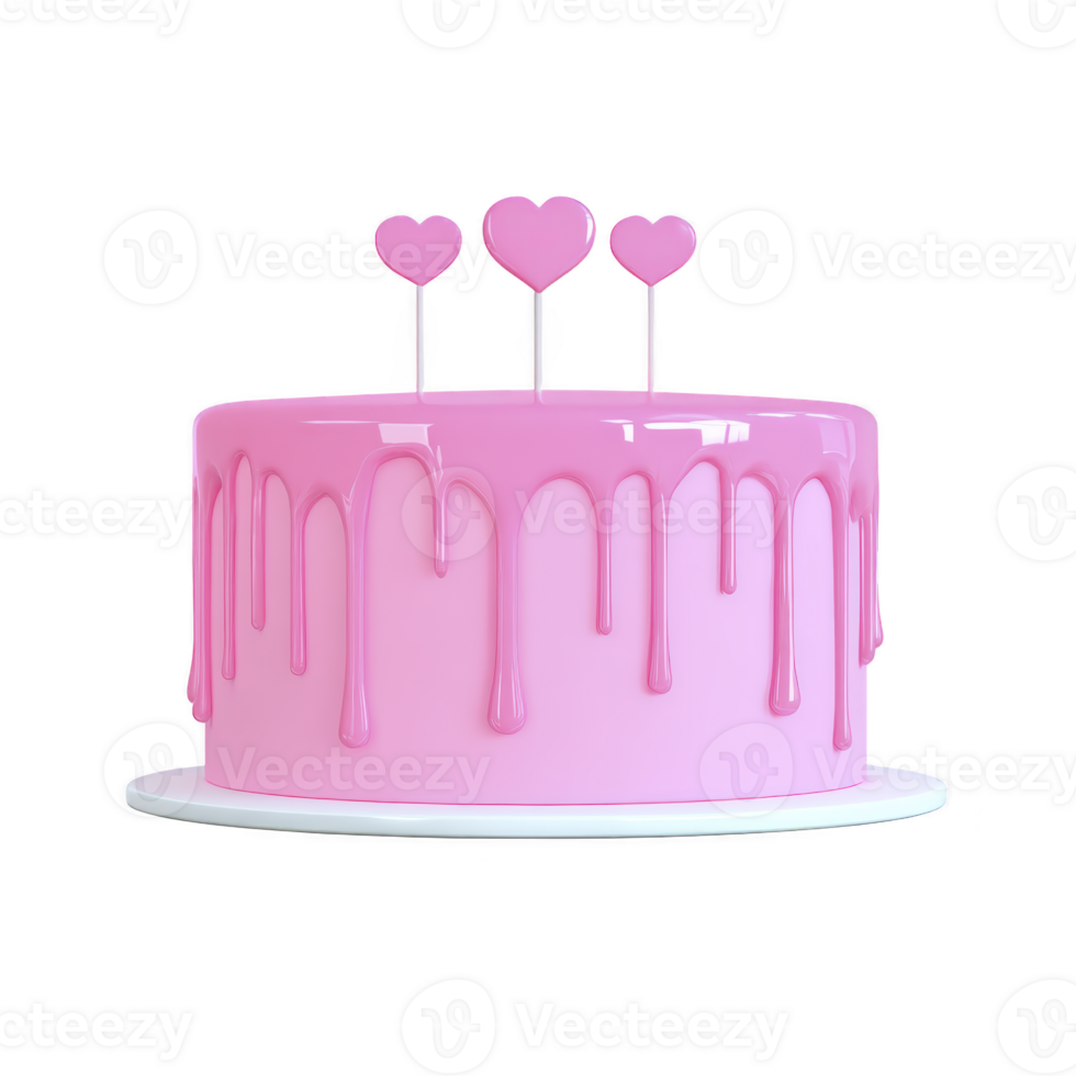 Pink cake with glossy icing drips and heart shaped toppers creates charming and festive appearance, perfect for celebrations like birthdays or anniversaries png