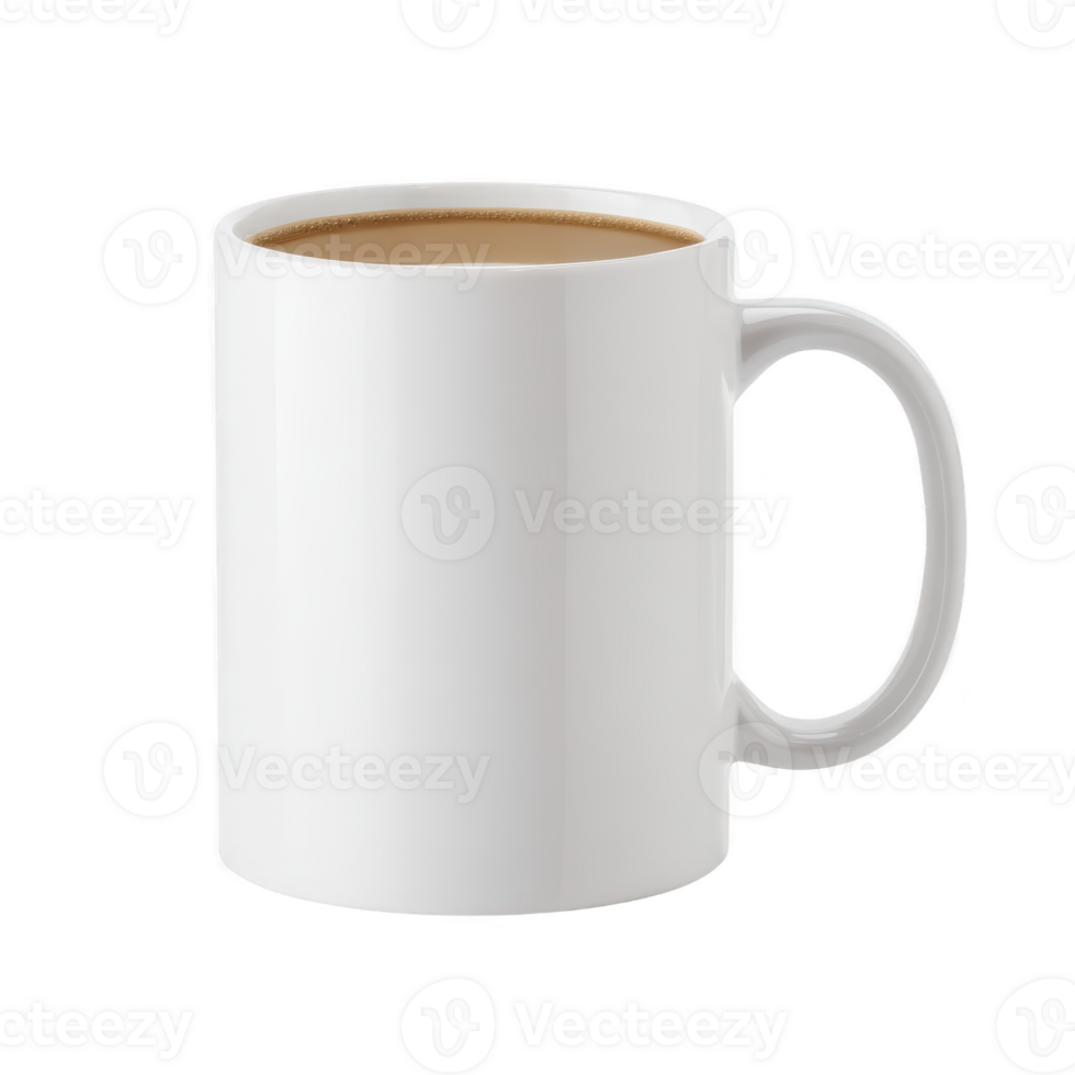 White ceramic mug filled with coffee sits against plain background, showcasing simple and clean design. mug smooth surface and classic shape make it ideal for hot beverages png