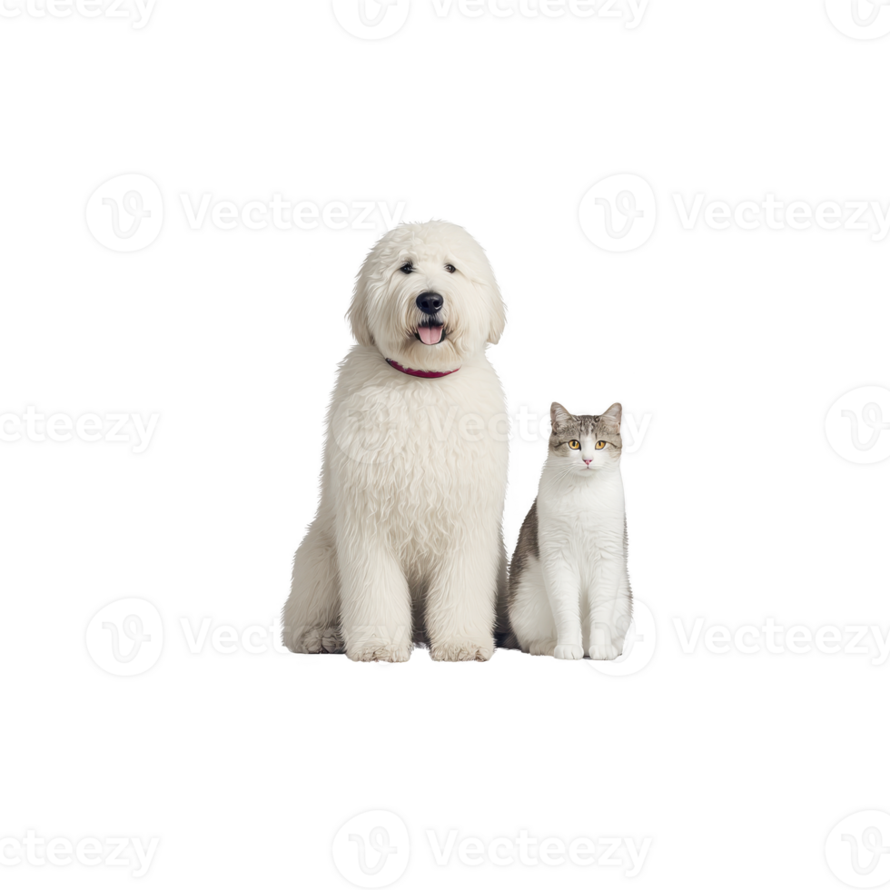 Fluffy white dog and cat sit side by side against plain background, showcasing charming companionship. dog has curly coat, while cat has smooth fur pattern png