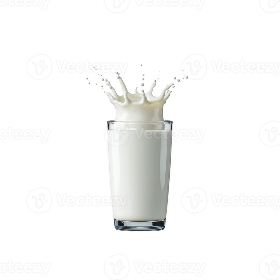 Glass of milk with splash creates dynamic and refreshing visual. white liquid contrasts against clear glass, emphasizing freshness and purity of milk png