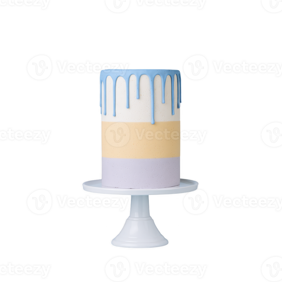 Tall, elegant cake with pastel layers of blue, cream, and lavender is topped with glossy blue drip, creating visually appealing dessert on white cake stand png