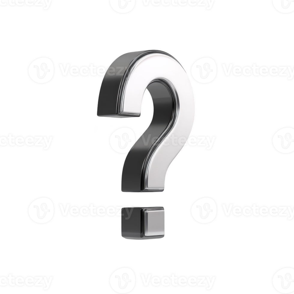 Shiny metallic question mark stands against transparent background, reflecting light and casting subtle shadows. 3D design gives it modern and sleek appearance, perfect for conveying inquiry png