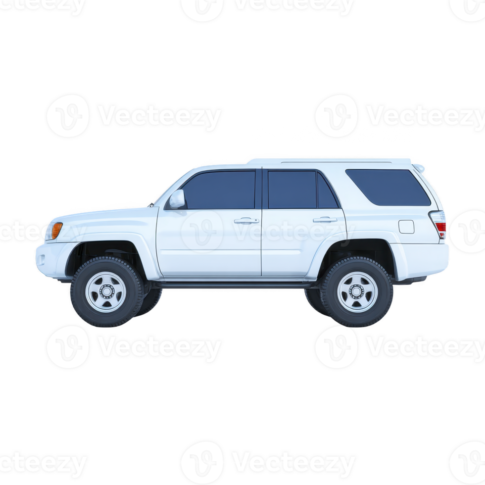 White SUV with tinted windows is shown side view, highlighting its robust design and off road capabilities. vehicle features large tires and spacious interior, ideal for family trips or outdoor png