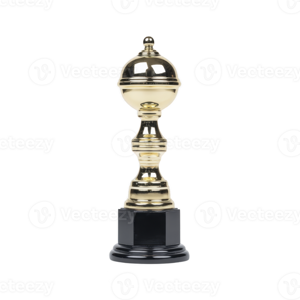 Shiny gold trophy with spherical top and ornate design stands on black base, symbolizing achievement and excellence. elegant craftsmanship reflects prestige and honor png