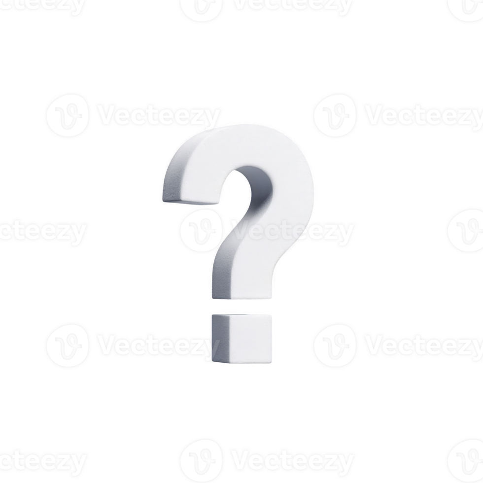 White 3D question mark stands prominently against transparency background, symbolizing inquiry and curiosity. minimalist design emphasizes concept of seeking answers or information png