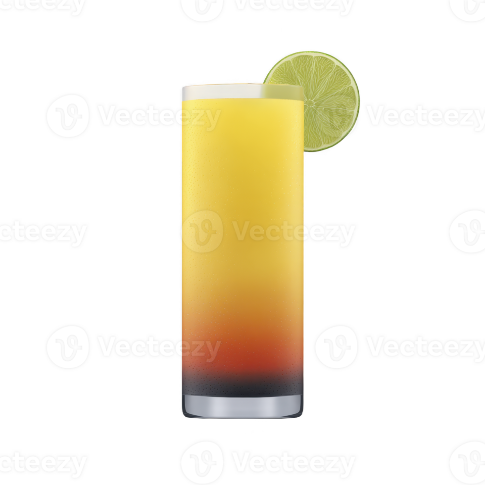 Refreshing cocktail in tall glass with gradient of orange to red, garnished with lime slice. drink vibrant colors suggest tropical, fruity flavor, perfect for summer enjoyment png
