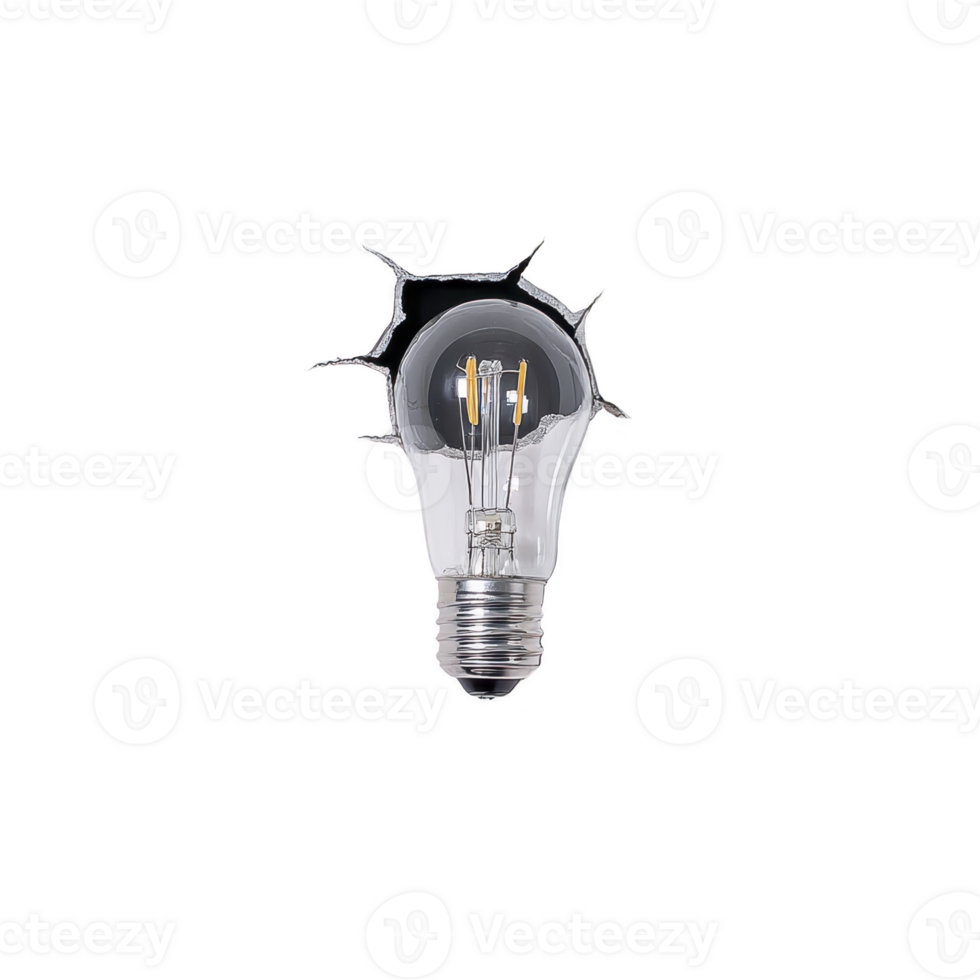 Light bulb appears to break through surface, symbolizing innovation and creativity. cracked effect adds dynamic and imaginative touch to concept png