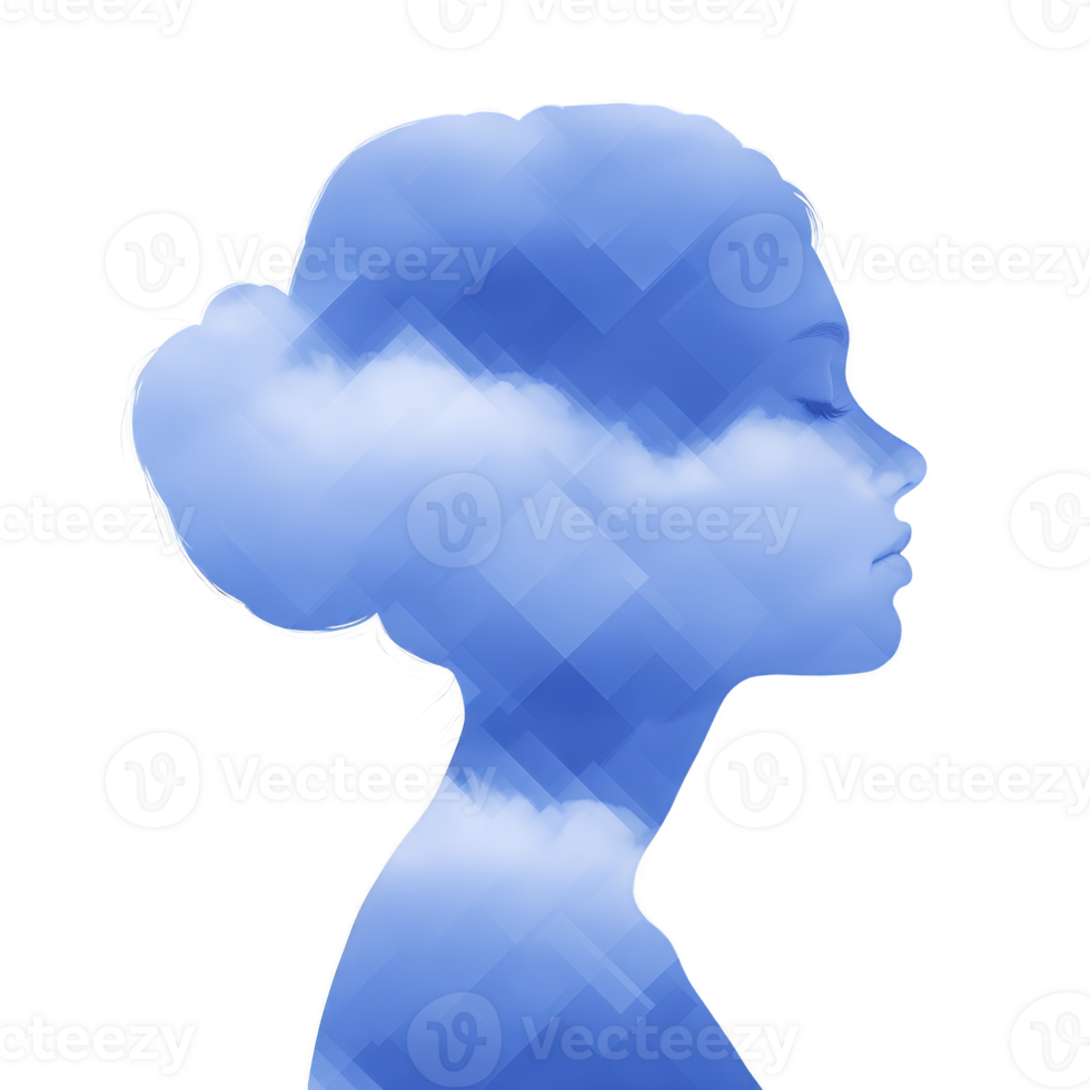 Silhouette of woman with serene expression is filled with blue sky and clouds, creating dreamy and ethereal effect. image blends human form with nature, symbolizing tranquility and imagination png