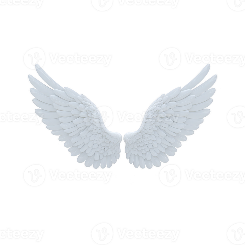 White angel wings with detailed feathers, symbolizing purity and freedom, isolated on transparent background png