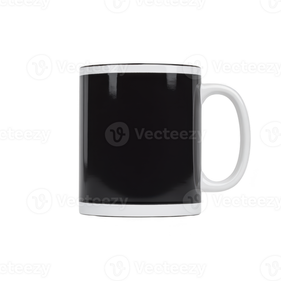 Plain black ceramic mug with white handle and rim, perfect for coffee or tea, is displayed against transparency background. simple design makes it versatile for any kitchen setting png