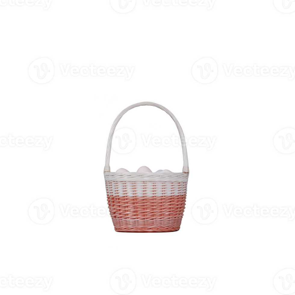 Wicker basket with handle, filled with white eggs, is displayed against transparency background. basket features pink and white woven pattern, creating charming and rustic appearance png