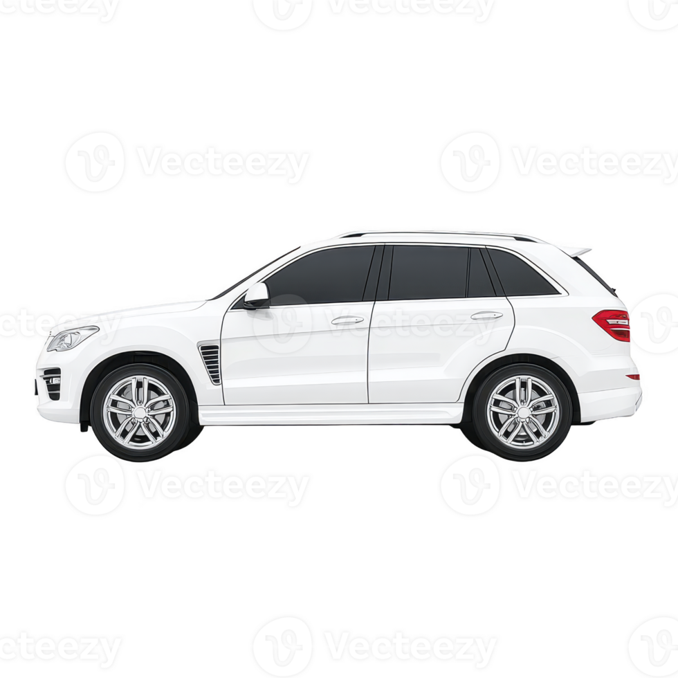 Sleek white SUV is shown side profile view, highlighting its modern design and spacious interior. vehicle features tinted windows and stylish alloy wheels, emphasizing its elegance png