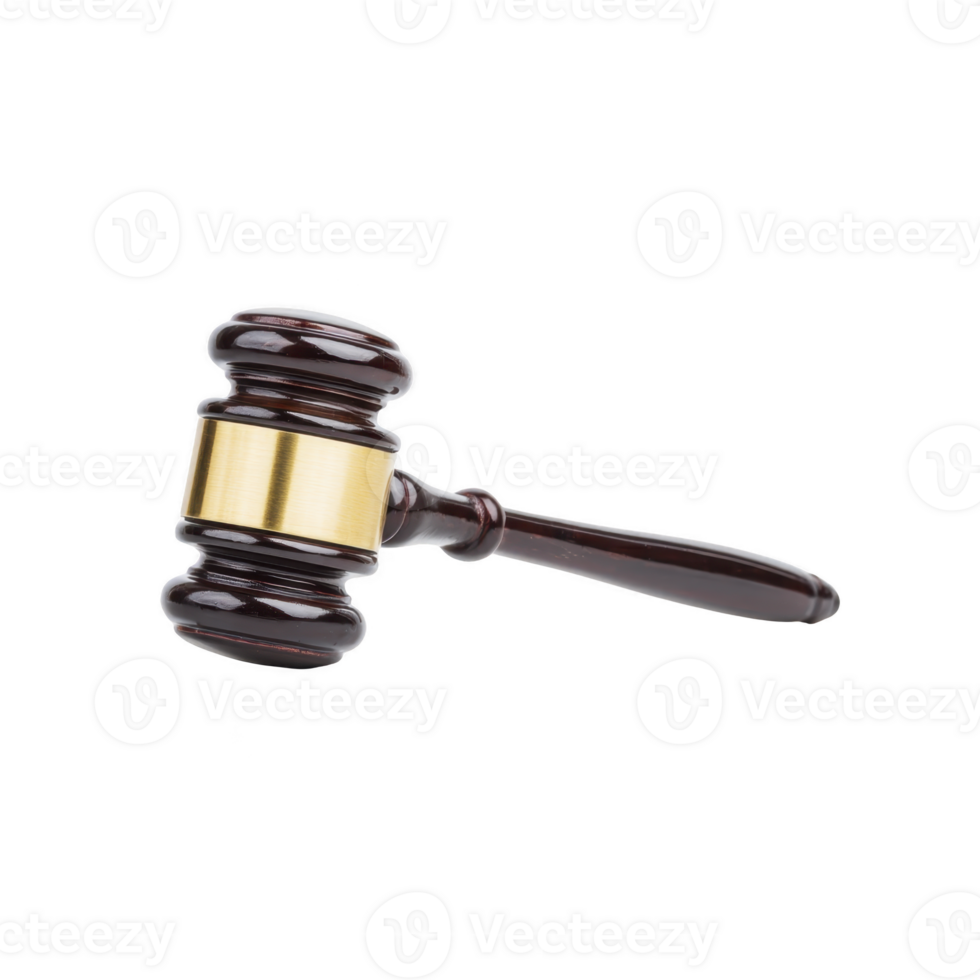 Wooden gavel with gold band is depicted against transparency background, symbolizing justice and authority. gavel is polished and represents legal proceedings or auctions png