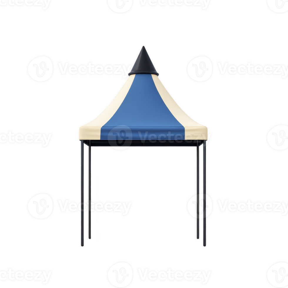 Blue and white striped canopy tent with pointed top and four black legs, perfect for outdoor events and providing shade. tent design is simple yet functional png