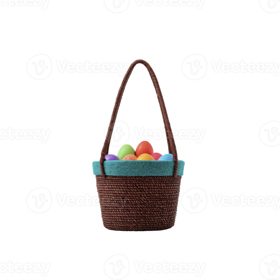 Woven basket with handle, filled with colorful Easter eggs, sits against plain background. basket is brown with blue lining, creating festive and cheerful appearance png